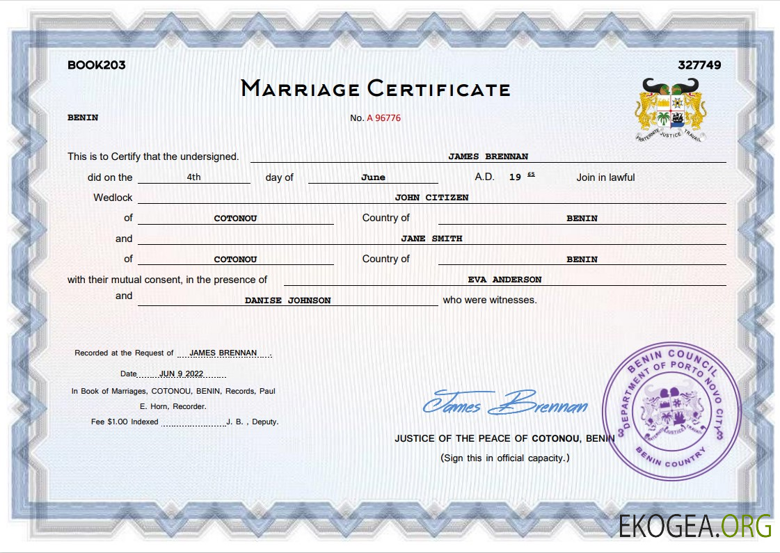 Modèle Word et PDF d'acte de mariage au Bénin